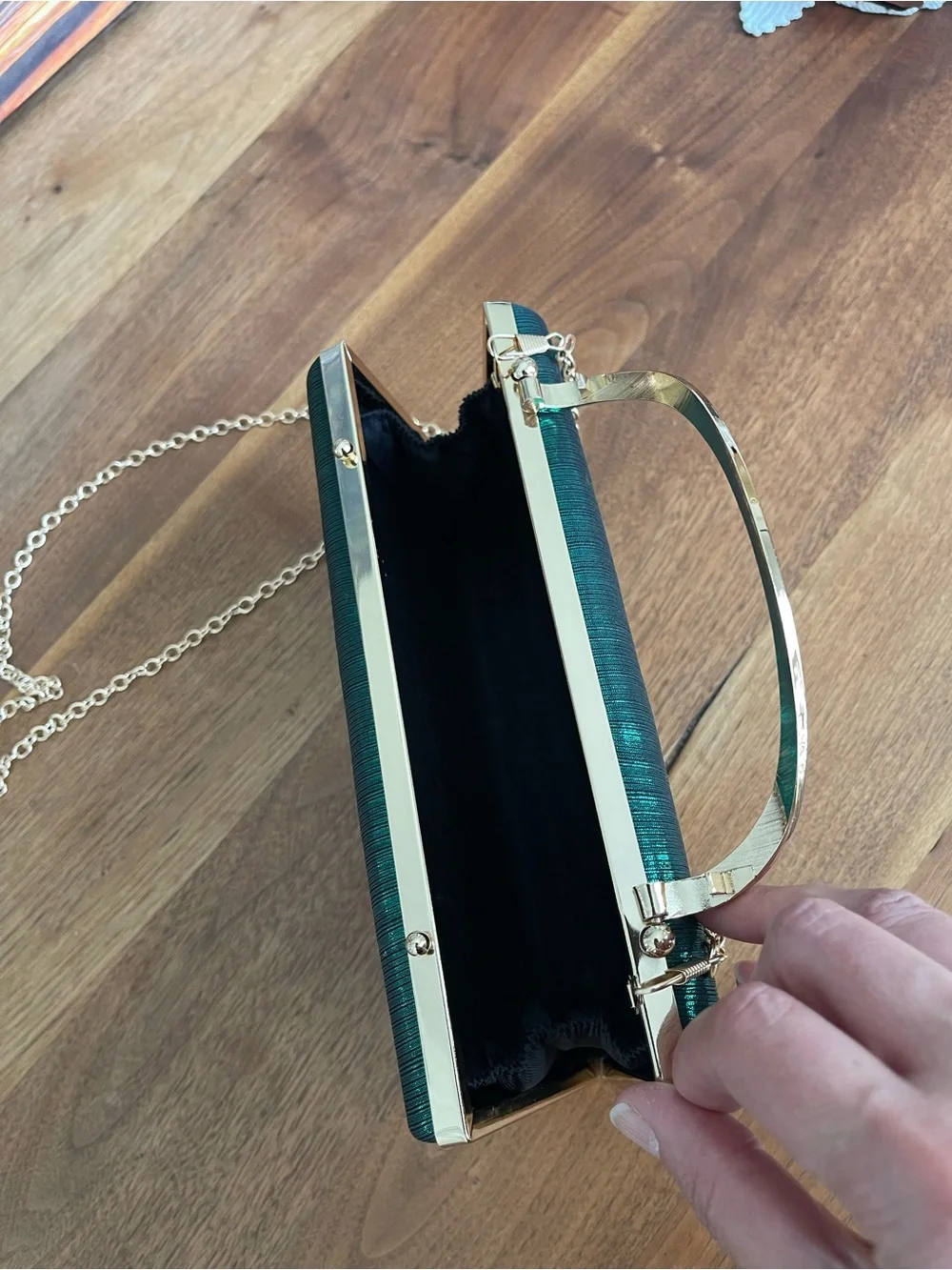 Elegant emerald green Satin Evening Clutch with Gold Handle
